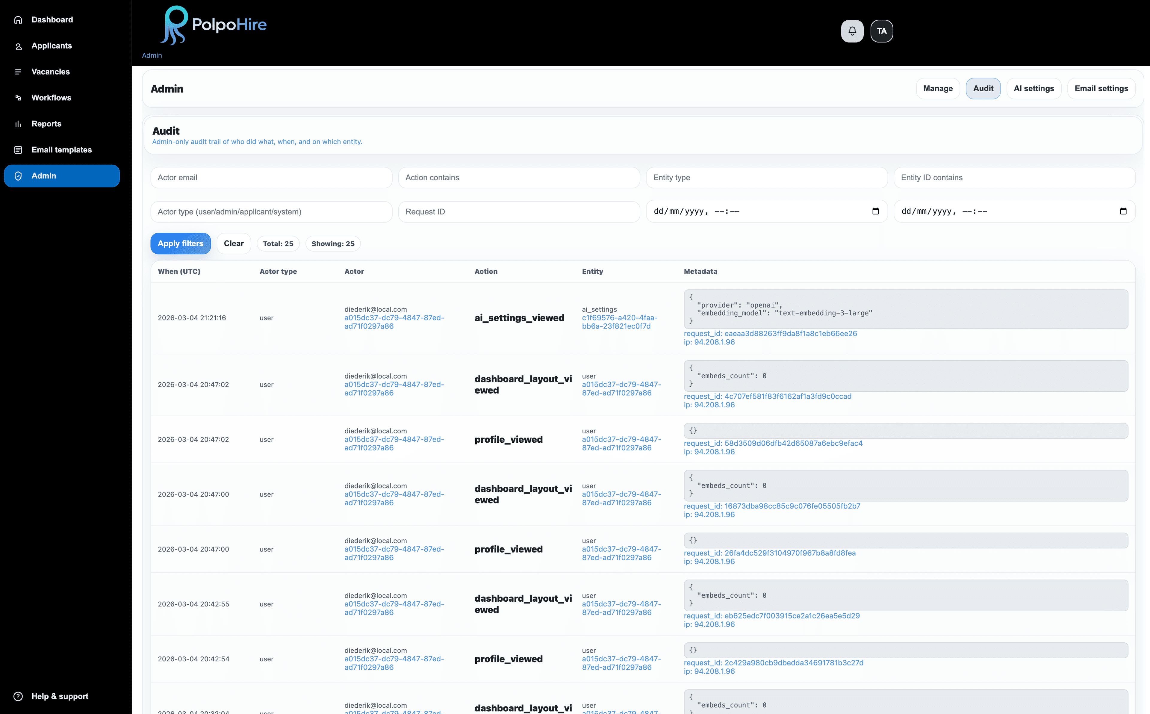 Admin audit view in PolpoHire