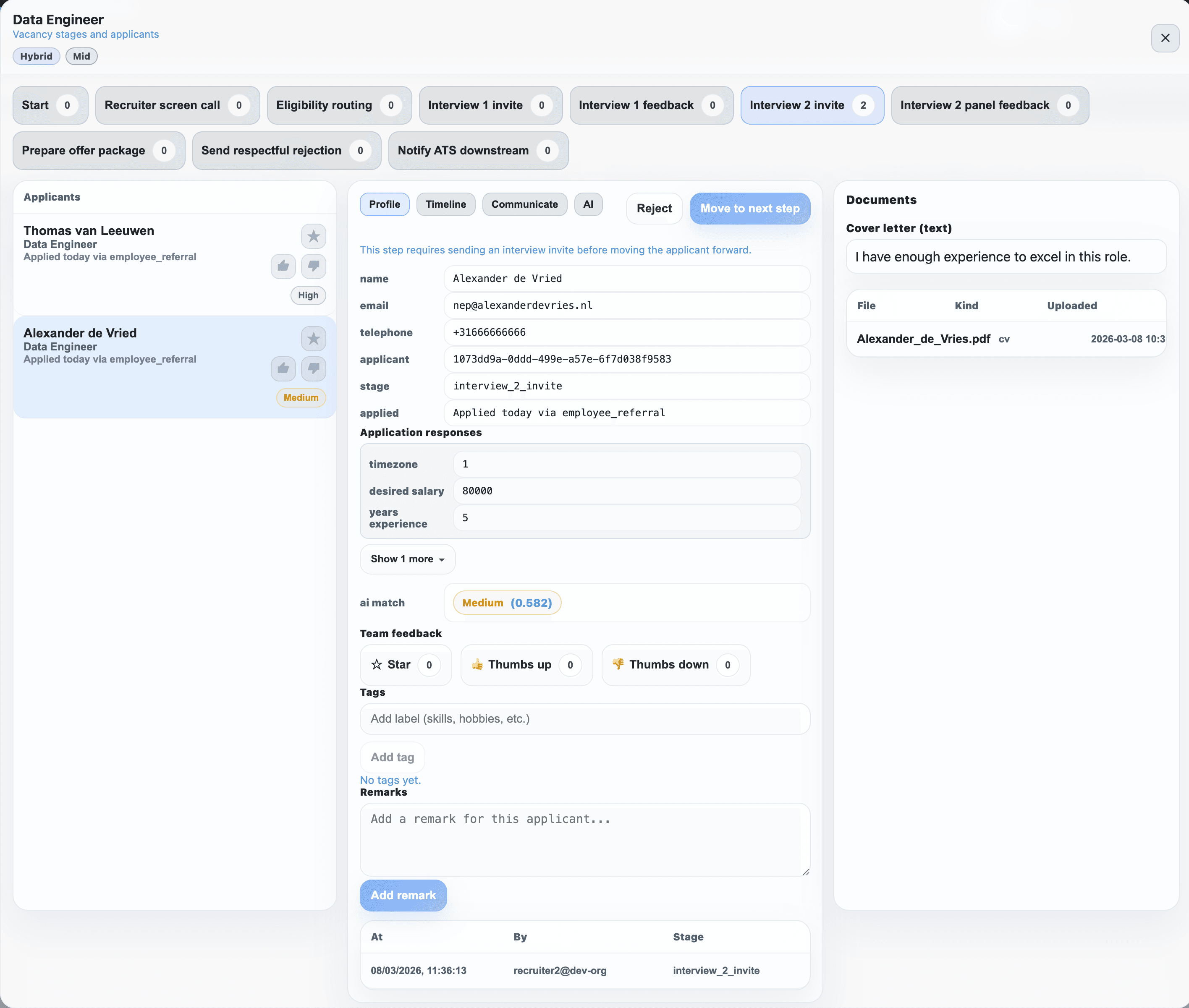 Vacancy stage overview with collaborative candidate review in PolpoHire